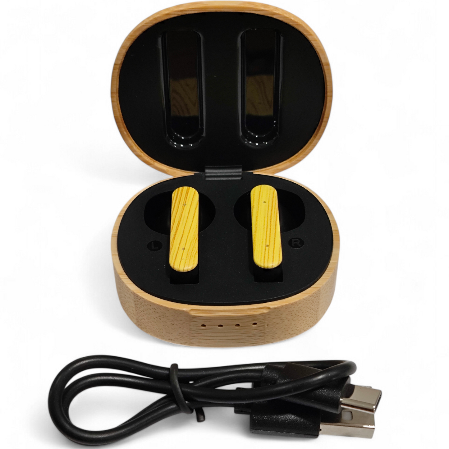 wood pattern earbuds in a wooden case with a black cable on a white background