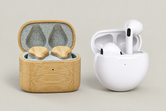 We Pure PureBuds Pro bamboo earbuds next to generic white plastic wireless earbuds, both in their charging cases