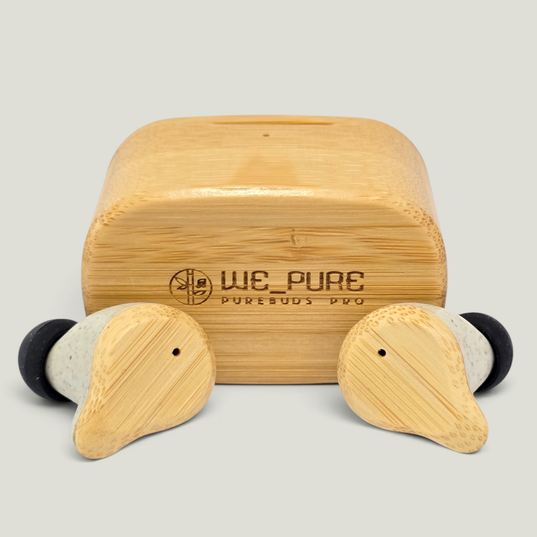 PureBuds Pro bamboo wireless earbuds and charging case