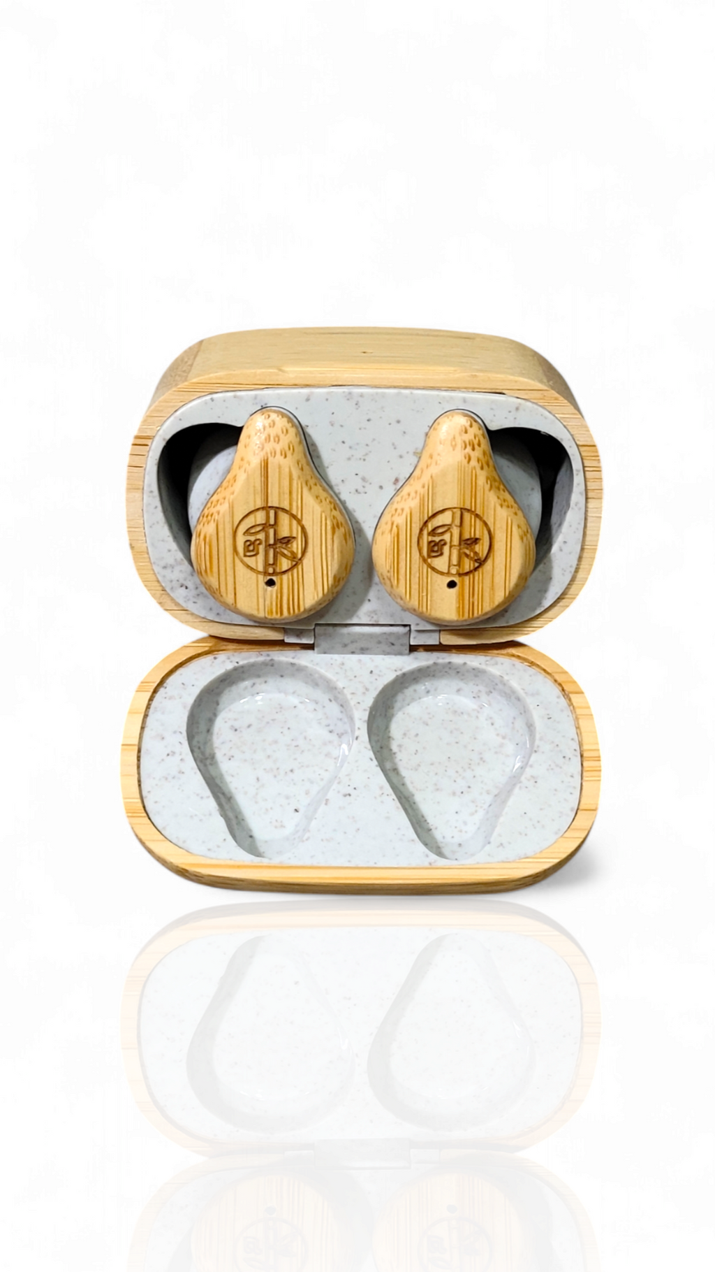 [PureBuds bamboo earbuds in case] top view