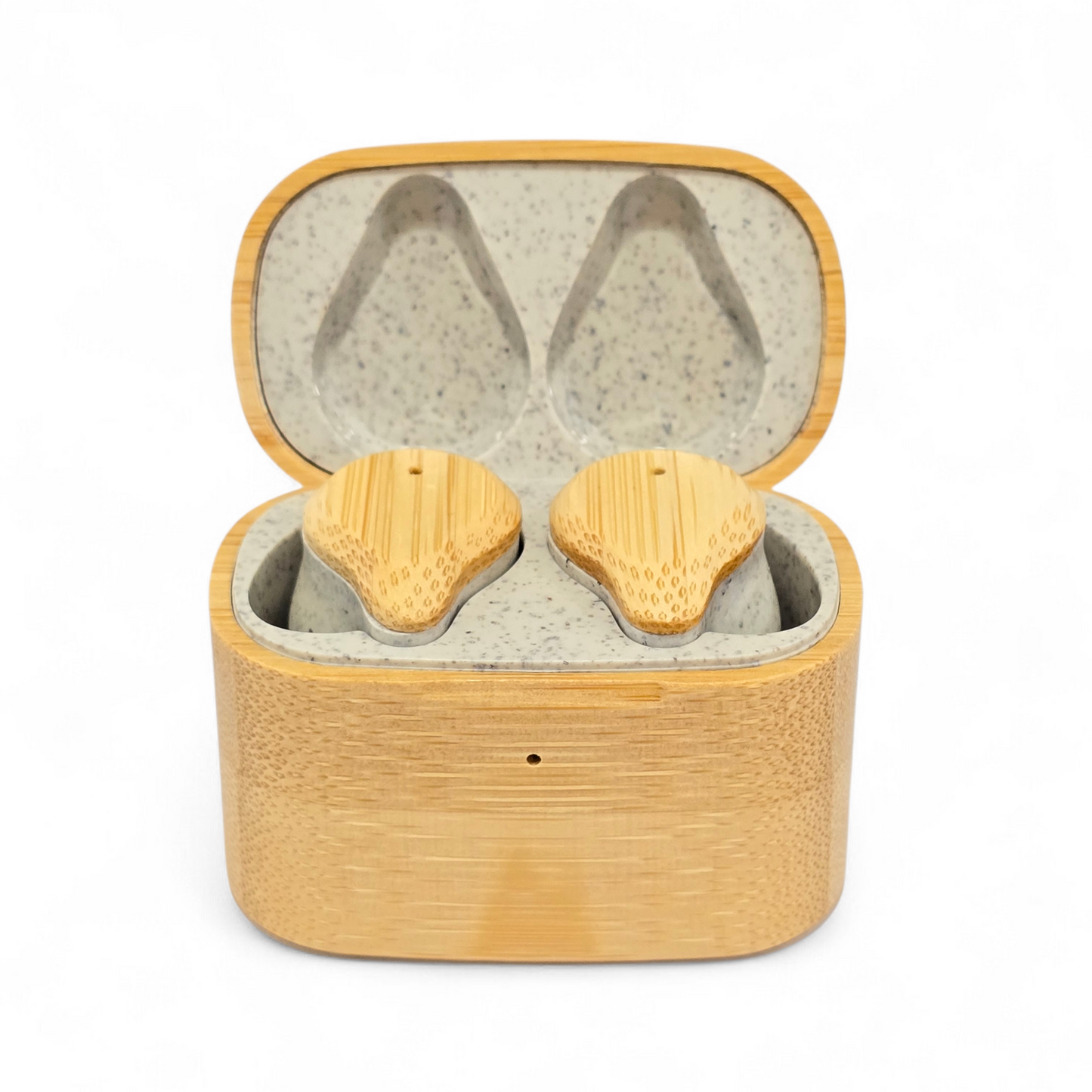 PureBuds Pro earbuds and bamboo case from the front