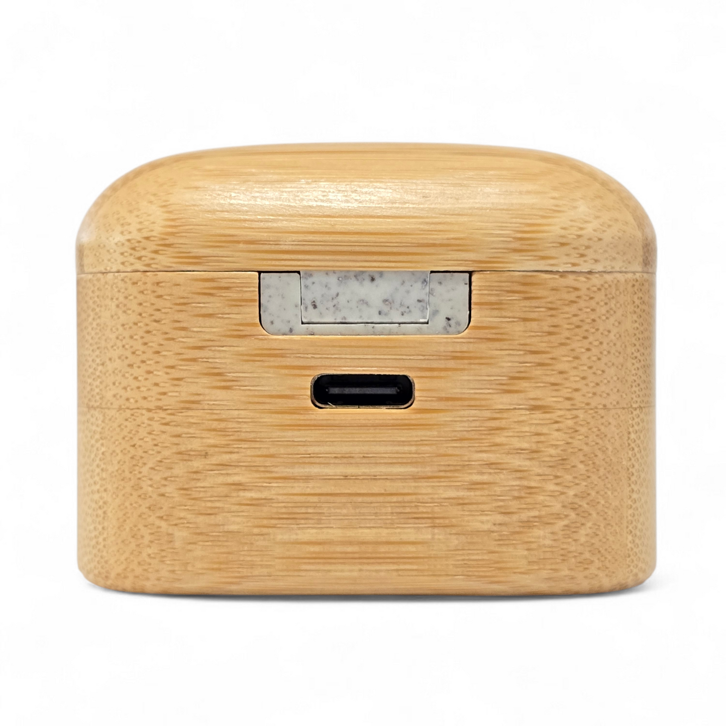 PureBuds Pro bamboo earbuds and charging port