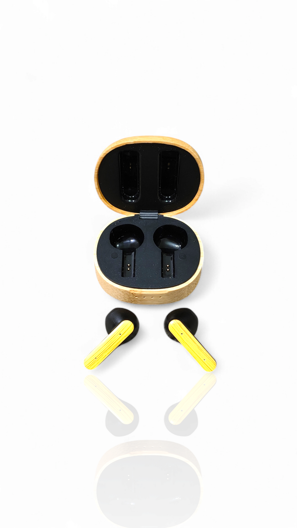 We Pure Bamboo PurePods eco-friendly earbuds with bamboo charging case